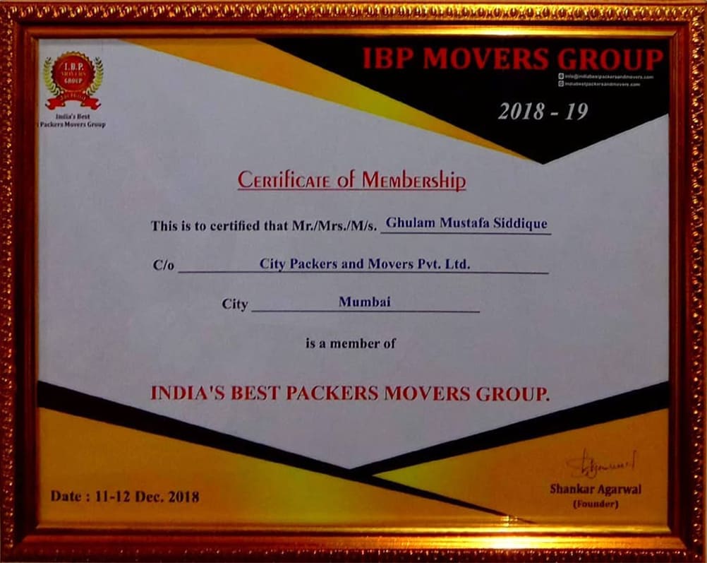 City Packers Movers Certification